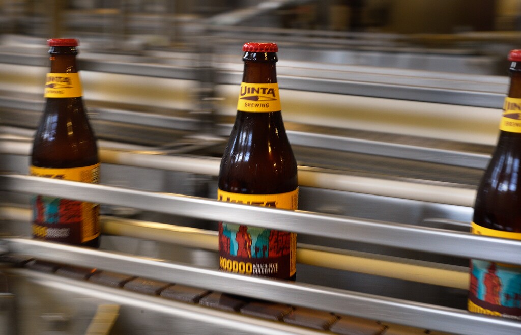 (Scott Sommerdorf   |  The Salt Lake Tribune) Bottles of HooDoo Golden Ale travel down Uinta Brewing's facility packaging line, Thursday, July 20, 2017. It's one of several 3.2 beers Uinta makes for the Utah market.