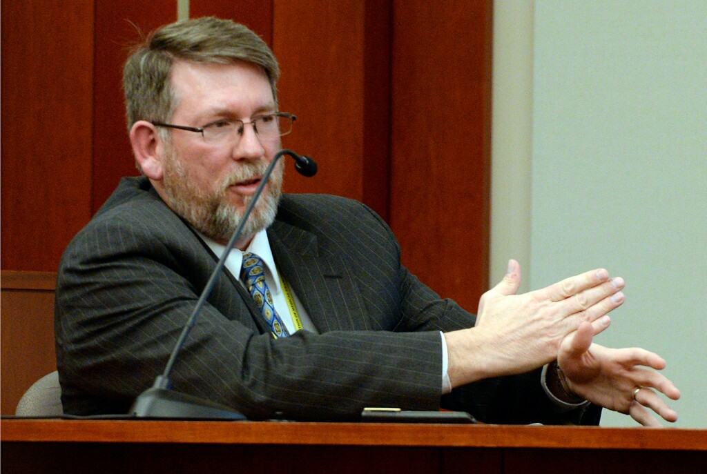Al Hartmann | The Salt Lake Tribune
Dr. Erik Christensen, assistant state medical examiner testifies in 3rd District Court in Salt Lake City Monday Feb. 23 in the John Brickman Wall trial. Wall is accused of killing his former wife and researcher Uta von Schwedler in her Sugarhouse home in Sept. 2011.