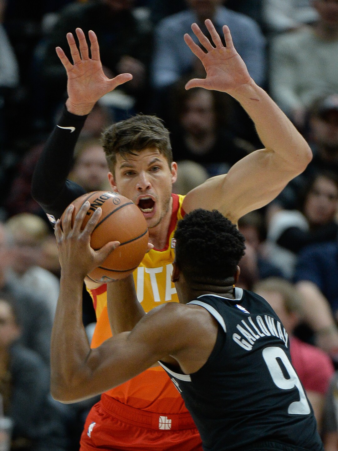 (Francisco Kjolseth  |  The Salt Lake Tribune)  Utah Jazz guard Kyle Korver (26) puts the pressure on Detroit Pistons guard Langston Galloway (9) in the first half of their NBA game at Vivint Smart Home Arena Monday, Jan. 14, 2019, in Salt Lake City.