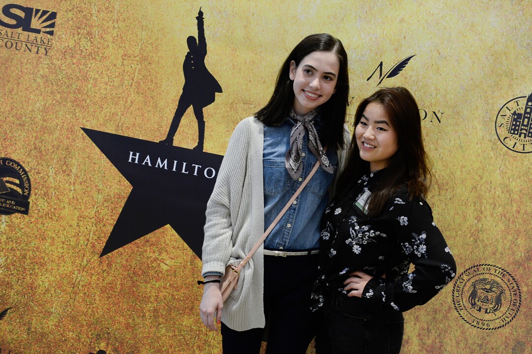 (Francisco Kjolseth  |  The Salt Lake Tribune)  Students Camille Whisenant, 18, left, and Gracie Kilminster, 17,  both seniors at Highland High get a chance to see Hamilton with Mayor Jackie Biskupski on Thursday, April 19, 2018, after writing her an essay on topics important to them. 