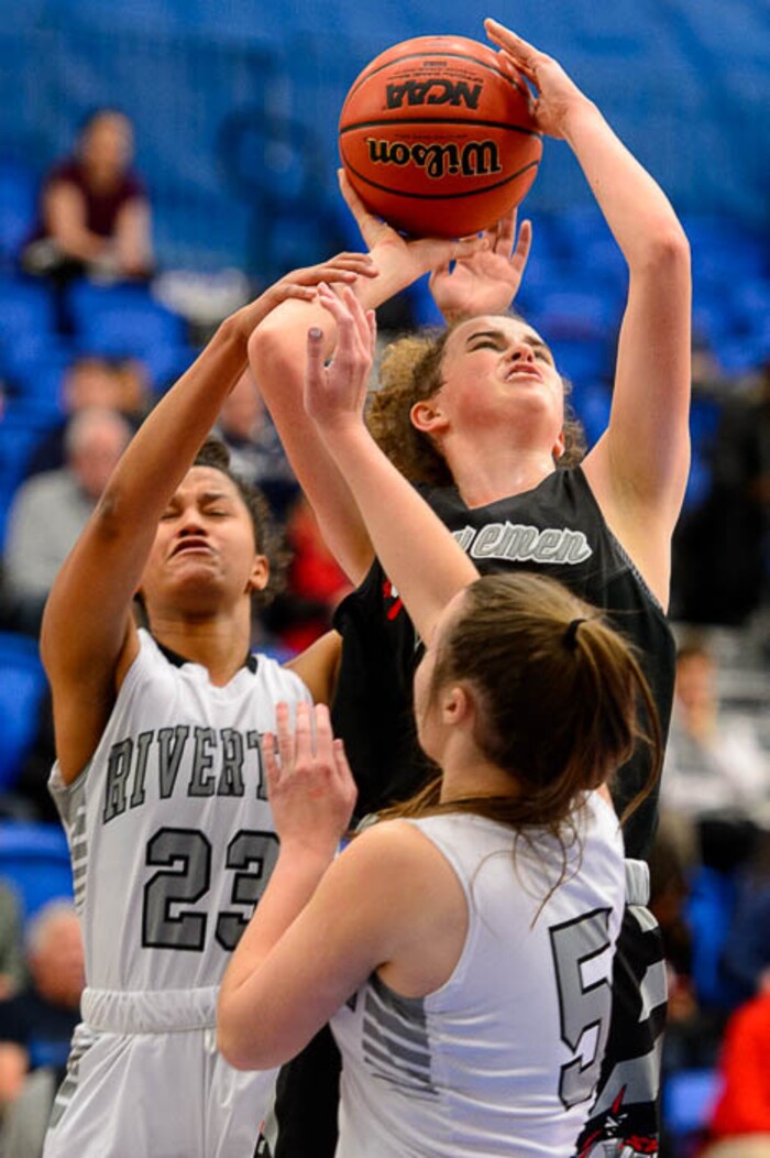 (Trent Nelson | The Salt Lake Tribune)  American Fork's Sydney Bushman (23) defended by Riverton's Meredith Coleman (23) and Riverton's Hailey Burt (5) as Riverton faces American Fork in the 6A High School Girls' Basketball Tournament at SLCC in Taylorsville, Tuesday Feb. 20, 2018.