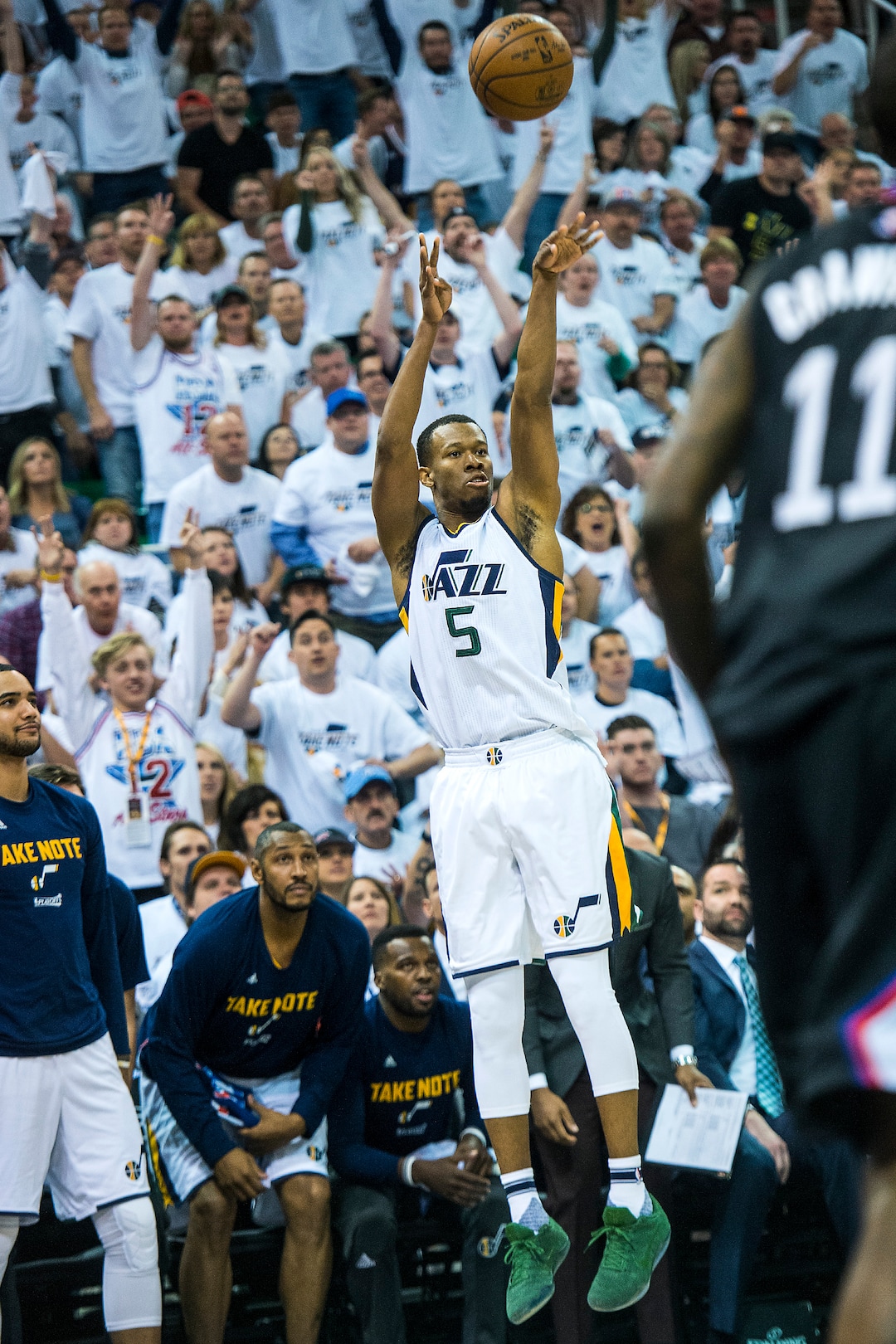 Chris Detrick  |  The Salt Lake TribuneUtah Jazz guard Rodney Hood (5) shoots the ball during the game at Vivint Smart Home Arena Friday, April 28, 2017.  