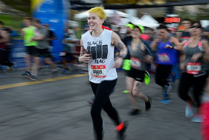(Scott Sommerdorf | The Salt Lake Tribune)Runners leave the starting line of the Salt Lake City marathon, Saturday, April 21, 2018.