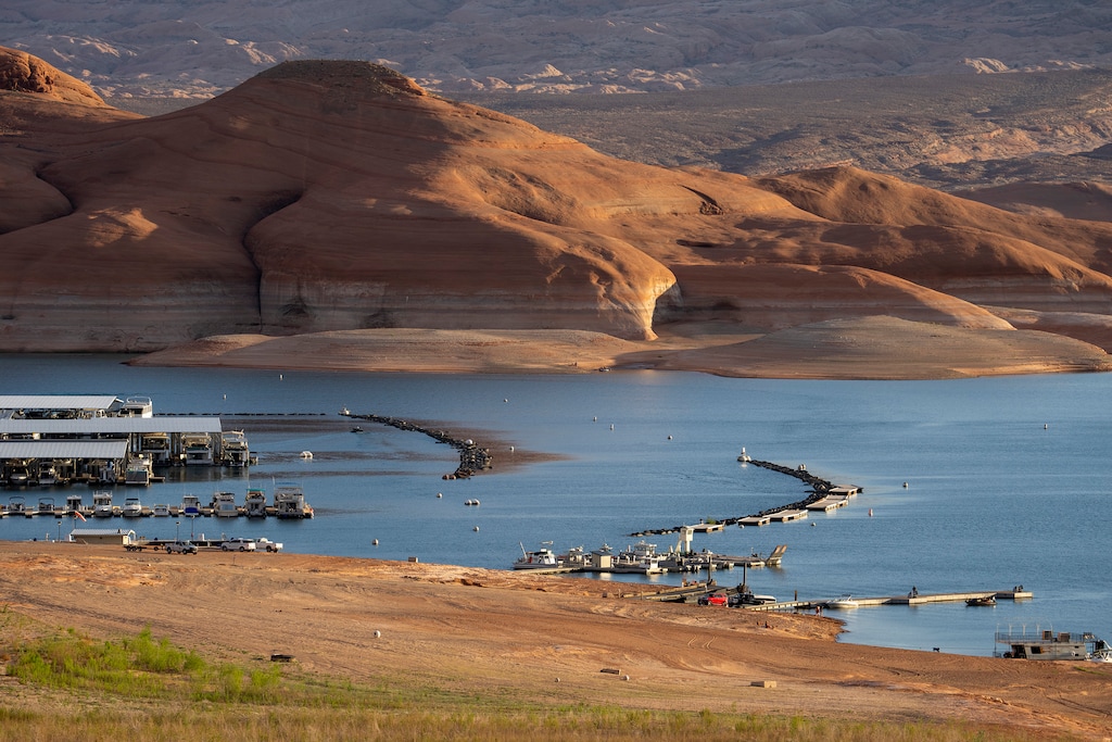 (Rick Egan | The Salt Lake Tribune) Low water levels at Bullfrog Bay on Lake Powell, on Sunday, May 16, 2021. Utah's largest reservoir is now only a third full as a drought continues to dog the West.