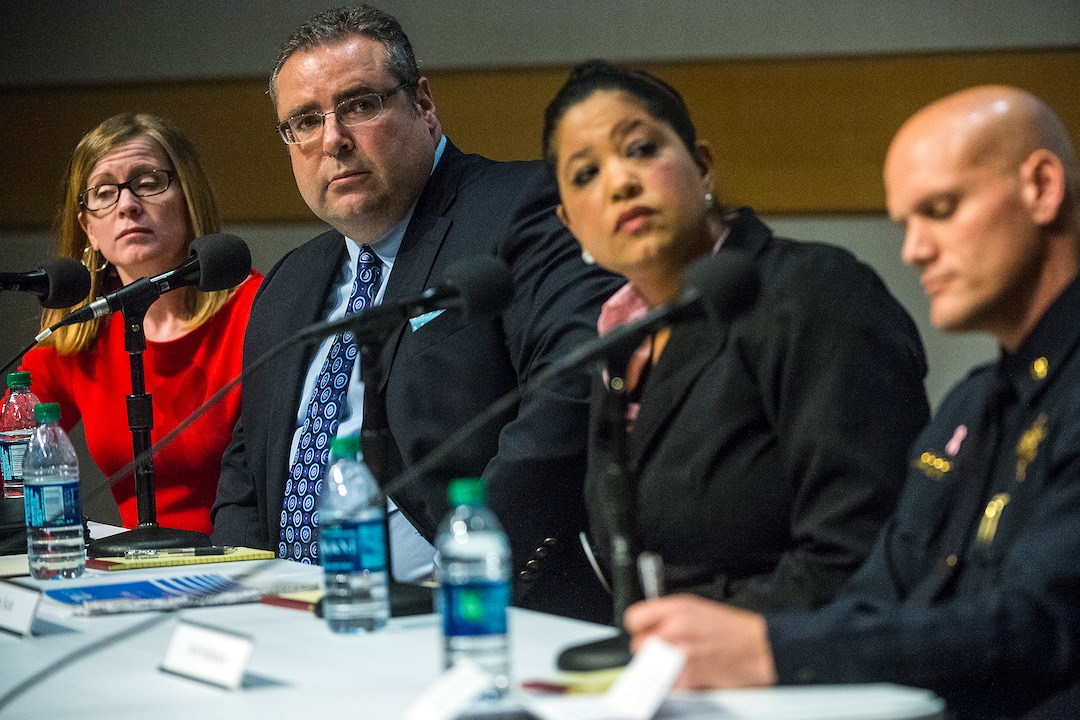 Chris Detrick  |  The Salt Lake TribuneSalt Lake Tribune reporter Erin Alberty, West Valley City Police Chief Lee Russo, activist Lex Scott and POST director Scott Stephenson participate in a town hall, "Deadly Force: A Community Response to Police Shootings," at the Salt Lake City Main Library Thursday February 19, 2015. Utah saw 14 deaths from police shootings in 2014, including the last homicide of the year. And Utah's first three homicides in 2015 involved men killed in confrontations with police.  Officer-involved shootings in Utah and nationwide have spurred public outcry and scrutiny about how officers are trained, when lethal force is justified and how such shootings are investigated.