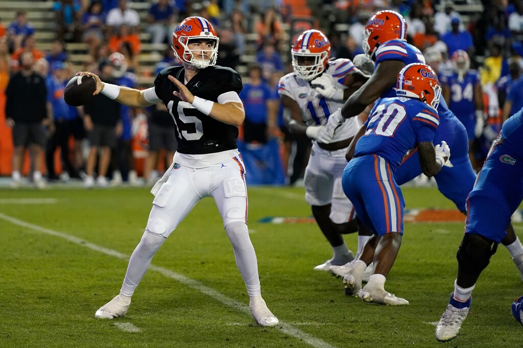 (John Raoux | AP) Florida quarterback Graham Mertz throws a pass during the second half of the NCAA college football team's annual Orange and Blue spring game, Thursday, April 13, 2023, in Gainesville, Fla.