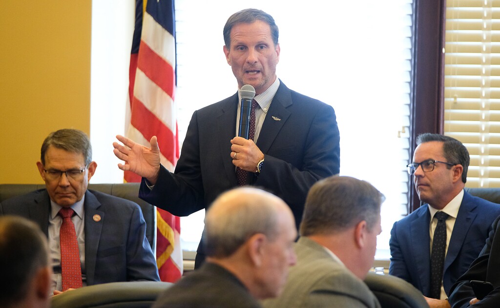 (Francisco Kjolseth  |  The Salt Lake Tribune)  Congressman Chris Stewart visits the majority caucus meeting on day two of the 2018 legislative session on Tuesday, Jan. 23, 2018.