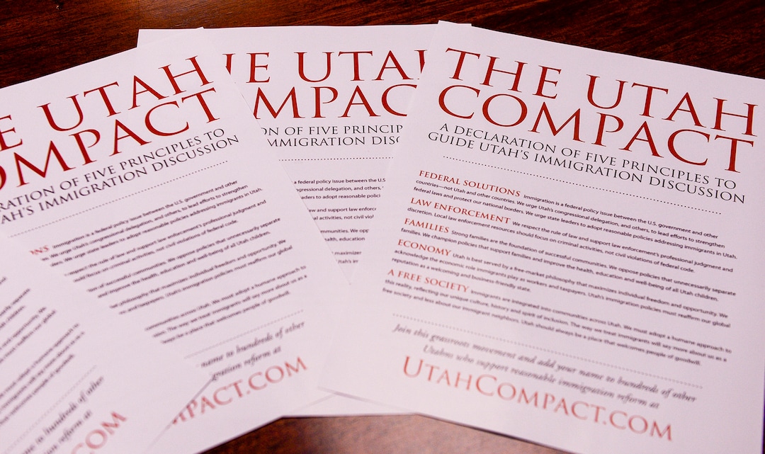 Leah Hogsten  |  The Salt Lake Tribune  Salt Lake City business and civic leaders gathered Thursday to reaffirm the principles of The Utah Compact, initially adopted in 2010. The compact emphasizes humane treatment of immigrants, keeping families together and focusing deportation on serious criminals.