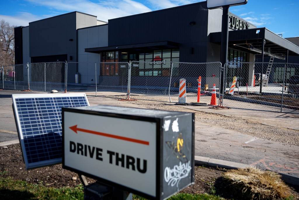 (Trent Nelson  |  The Salt Lake Tribune) Construction of a new Cubby's location nears completion in Salt Lake City on Wednesday, March 6, 2024. The exit for its drive-thru will be near the entrance of the drive-thru for a nearby Beans & Brews.