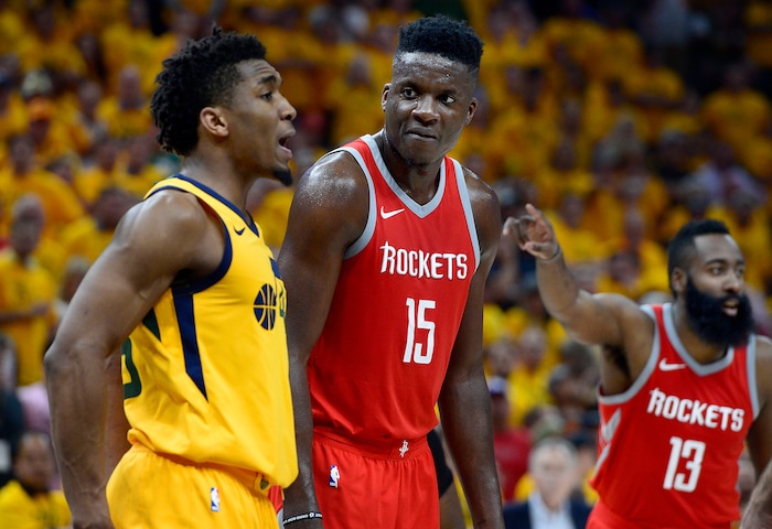 (Scott Sommerdorf | The Salt Lake Tribune)
Houston Rockets center Clint Capela (15) glares at Utah Jazz guard Donovan Mitchell (45) after Mitchell seemed to verbally challenge him late in the game. The Rockets beat the Jazz 100-87, Sunday, May 6, 2018.