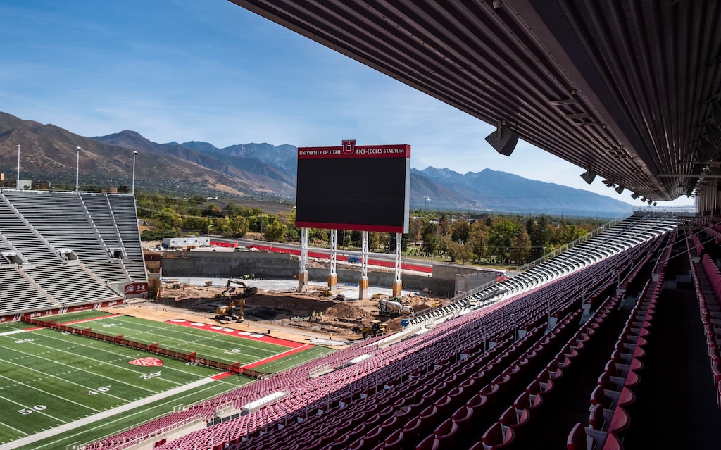 (Leah Hogsten | The Salt Lake Tribune) The University of Utah football team will be back on the field in Pac-12 play at Rice-Eccles Stadium despite the ongoing expansion project at the stadium's south end, Sept. 28, 2020.The expansion project will allow Rice Eccles to go from a capacity of 45,087 to 51,444 in both premium and non-premium seating.