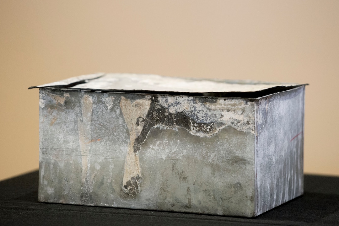 (Jeremy Harmon  |  The Salt Lake Tribune) This time capsule that was buried in the corner stone of Ogden Academy on September 27, 1887. Items from the time capsule were displayed at the Utah State Archives on Wednesday, Oct. 16, 2019.