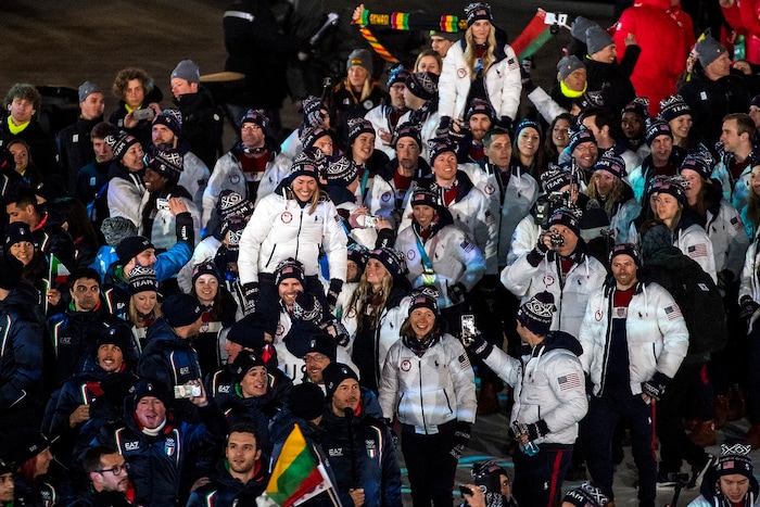 (Chris Detrick | The Salt Lake Tribune) Athletes from The United States of America are introduced during the PyeongChang 2018 Olympic Winter Games Closing Ceremony at Olympic Stadium Sunday, Feb. 25, 2018.