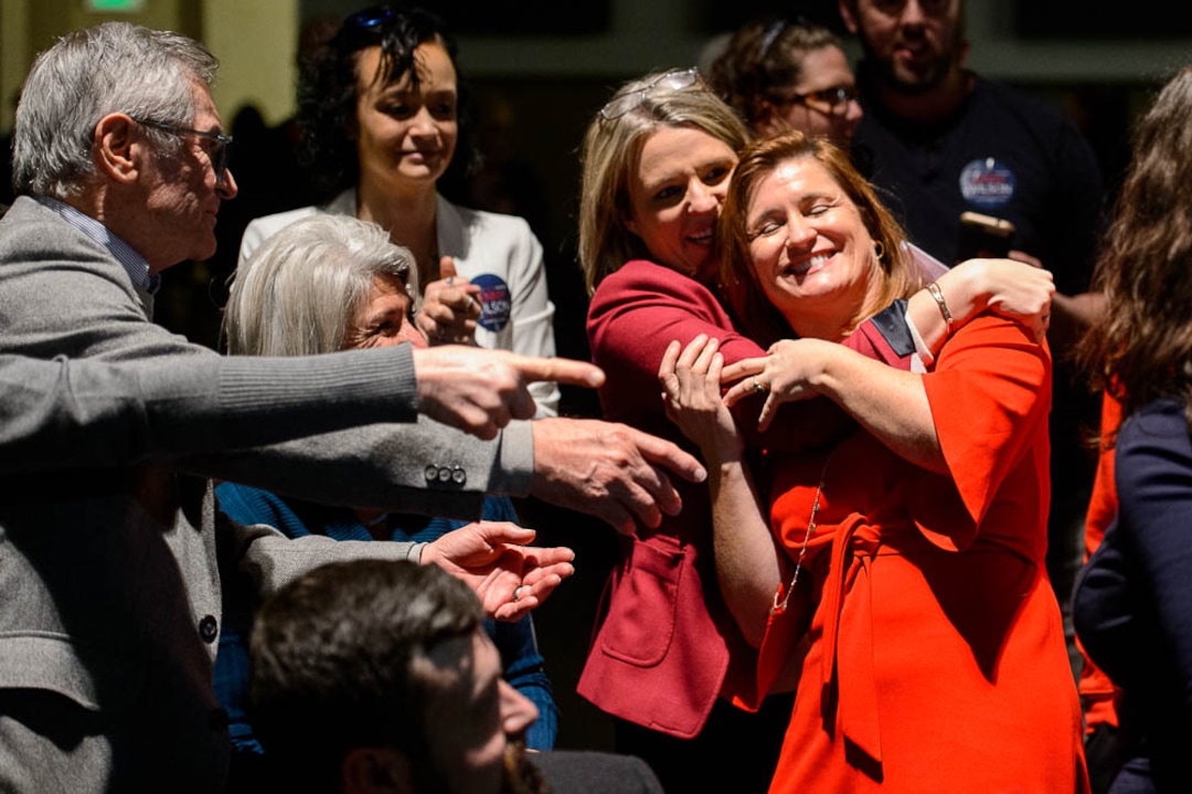 (Trent Nelson | The Salt Lake Tribune)  Jenny Wilson celebrates her win over Shireen Ghorbani to become the next Salt Lake County mayor, at Corner Canyon High School in Draper on Saturday Jan. 26, 2019.
