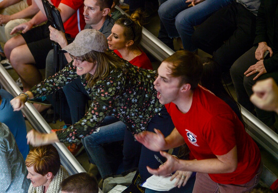 (Leah Hogsten  |  The Salt Lake Tribune) Springville High School boosters cheer on their swimmers at the Class 5A State Championships in Bountiful, Saturday, February 10, 2018. 