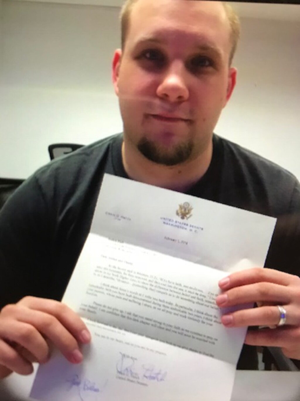(Photo courtesy of Sen. Orrin Hatch) Josh Holt holds a letter from Utah Republican Sen. Orrin Hatch, delivered by personnel from the U.S. Embassy on Friday, Feb. 9, 2018. The letter is meant to encourage Holt and assure him that the politician is continuing to fight for his release from a Venezuelan prison, where he's been held for a year and a half.