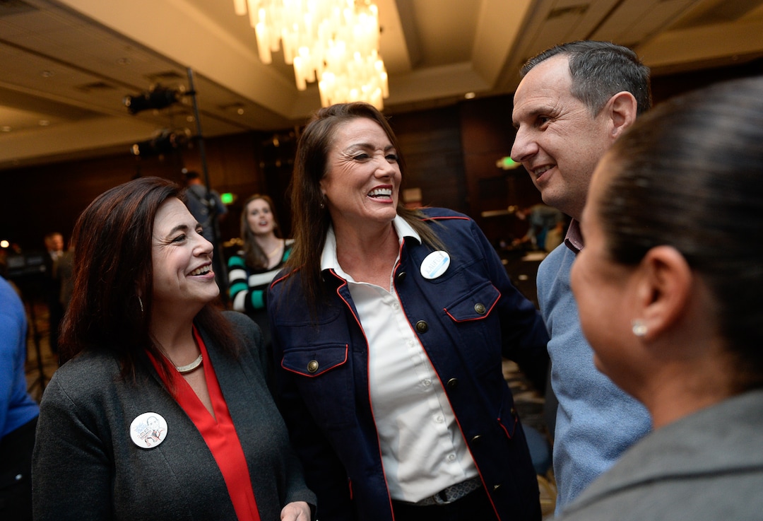(Francisco Kjolseth  |  The Salt Lake Tribune)  Michelle Kaufusi, center, celebrates her win as Provo mayor at the Provo Marriott Hotel & Conference Center Tuesday, Nov. 7, 2017. 