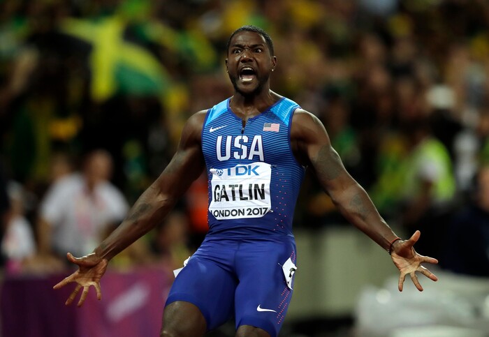 United States' Justin Gatlin reacts after winning the Men's 100 meters final during the World Athletics Championships in London Saturday, Aug. 5, 2017. (AP Photo/Tim Ireland)