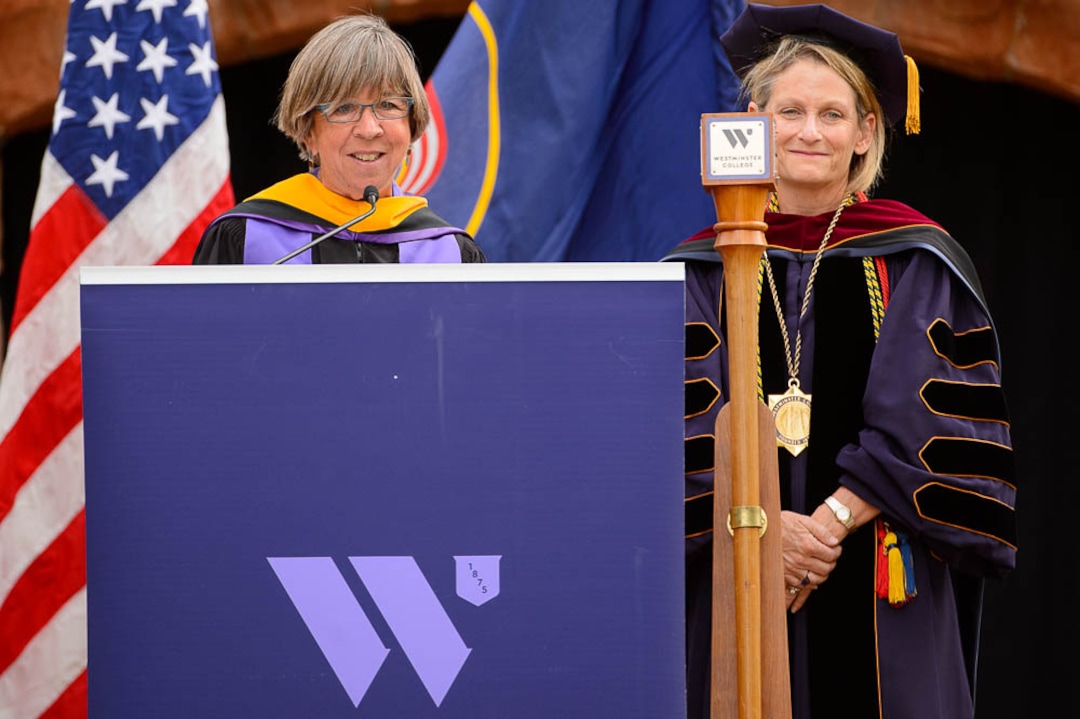 (Trent Nelson | The Salt Lake Tribune)  
Bethami Dobkin becomes Westminster College's 19th president in front of the school's Converse Hall in Salt Lake City, Saturday, Sept. 29, 2018. At left is Jeanne Ambruster, chair of the Board of Trustees.