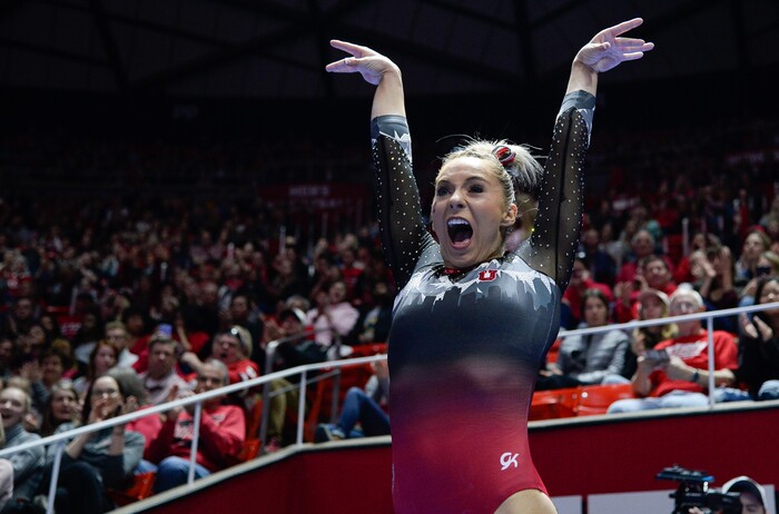 (Francisco Kjolseth  |  The Salt Lake Tribune)  MyKayla Skinner celebrates her landing on the vault as Utah hosts Penn State in their season opener at the Huntsman Center in Salt Lake City on Saturday, Jan. 5, 2019.