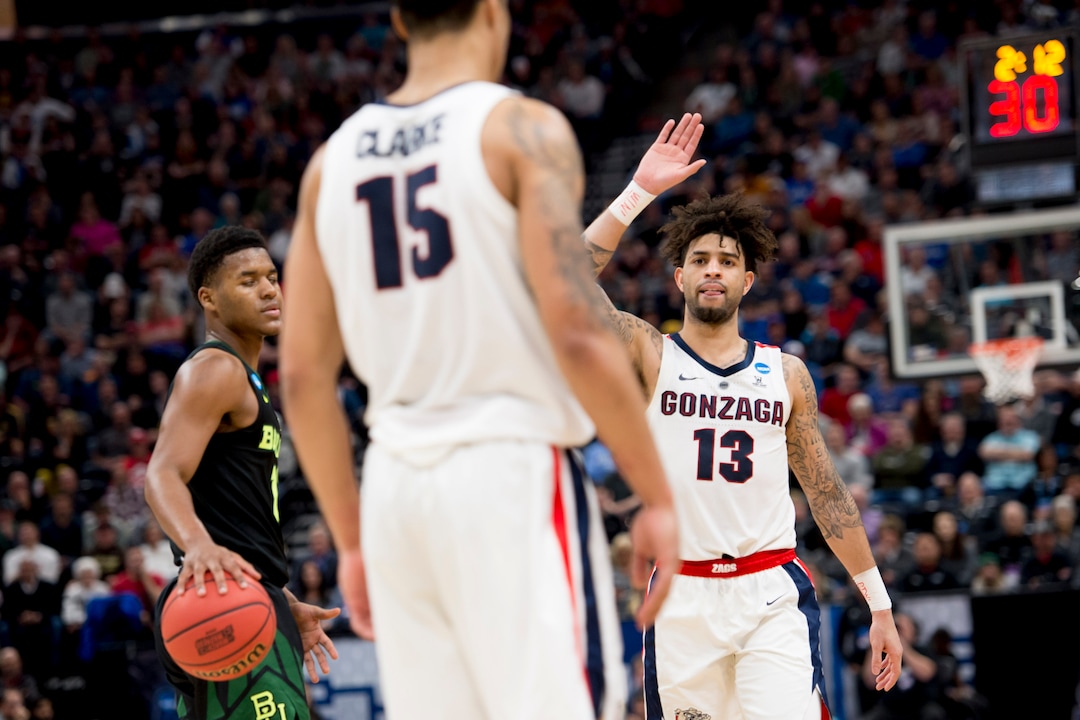 (Leah Hogsten  | The Salt Lake Tribune)  Gonzaga Bulldogs guard Josh Perkins (13) high fives Gonzaga Bulldogs forward Brandon Clarke (15) as Baylor faces Gonzaga in the second round of the NCAA tournament in Salt Lake City on Saturday, March 23, 2019.
