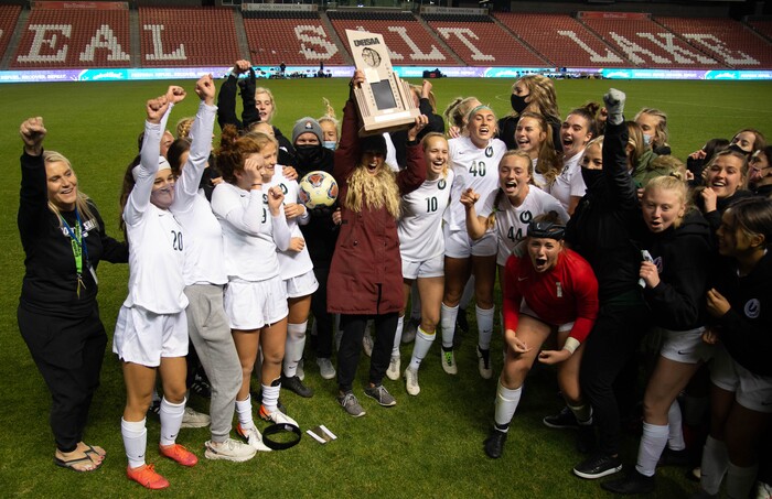 (Francisco Kjolseth  |  The Salt Lake Tribune) Olympus celebrates their win over Bonneville in overtime following their 5A high school girls championship game at Rio Tinto Stadium in Sandy on Friday, Oct. 23, 2020. Bonneville won 1-0 in overtime.