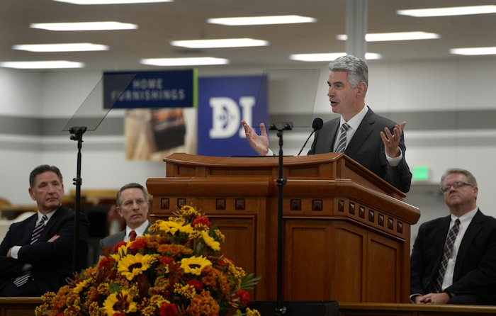 (Scott Sommerdorf  |  The Salt Lake Tribune)   
LDS Presiding Bishop Gerald Causse speaks during the grand opening of the new Riverton Deseret Industries thrift store and donation center (12449 S. Creek Meadow Road) on Wednesday, Oct. 25, 2017.