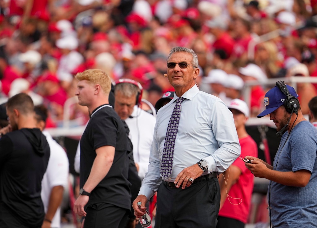 (Bethany Baker  |  The Salt Lake Tribune) Former Utah Utes head coach and Fox college football personality Urban Meyer watches during the game against the Texas Tech Red Raiders in Salt Lake City on Saturday, Sept. 20, 2025.