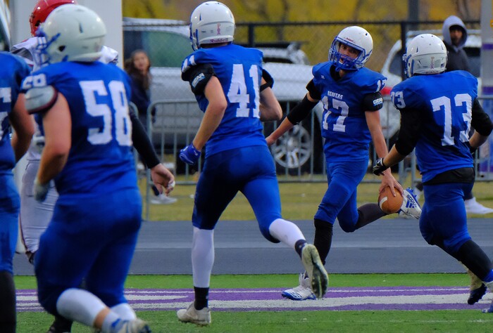 (Leah Hogsten  |  The Salt Lake Tribune) Beaver's quarterback Porter Hollingshead celebrates his touchdown. Beaver High School boys' football team leads Delta High School 35-16 during their class 2A state semifinal football game Saturday, November 4, 2017 at Weber State University's Stewart Stadium.