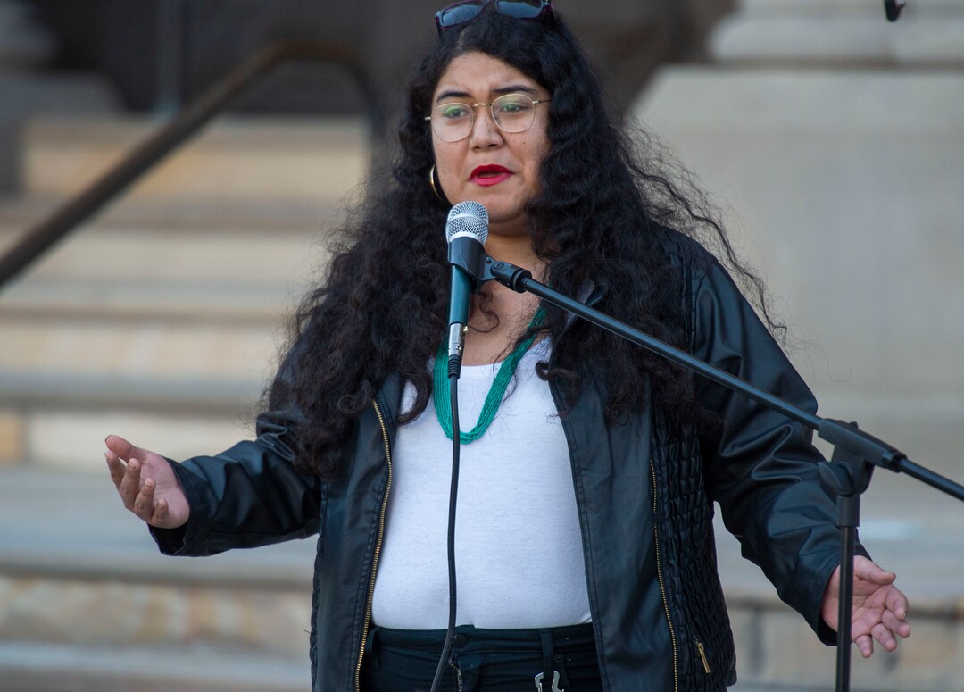 (Rick Egan  |  The Salt Lake Tribune)       Mariella  Mendoza speaks at a rally as Homeless and homeless advocates gather outside the City County building for a demonstration before the city council meeting, Tuesday, April 23, 2019.