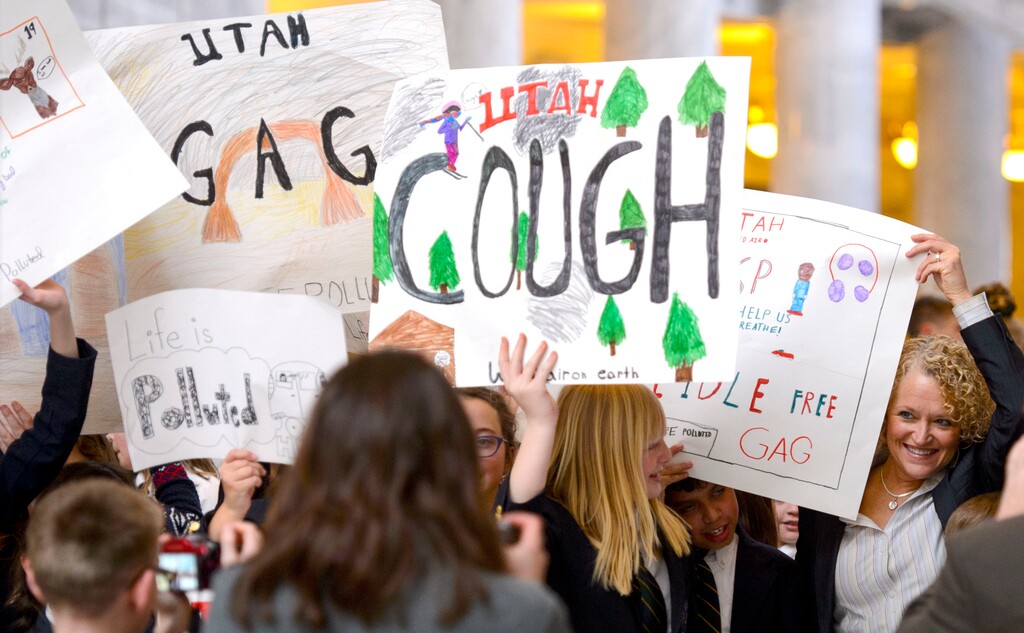 (Steve Griffin  |  Tribune file photo)  Students from the Madeleine Choir School stand with Salt Lake City Mayor Jackie Biskupski  as the attend the Utah Students for Clean Air rally in the Capitol Rotunda during the 2018 Legislature at the State capitol Salt Lake City Monday March 5, 2018.