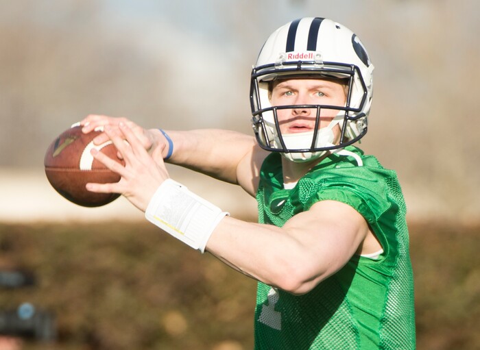 Rick Egan  |  The Salt Lake TribuneBYU quarterback Beau Hoge (7) throws the ball during passing drills, on the second day of spring practice, in Provo, Thursday, March 3, 2016.