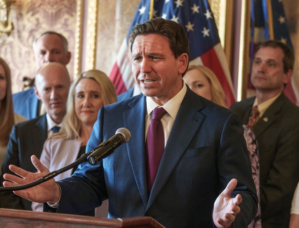 (Leah Hogsten | The Salt Lake Tribune) Florida Gov. Ron DeSantis rallies with Utah Republican lawmakers and supporters, hoping for a financial and political boost for his 2024 presidential campaign at the Capitol, July 21, 2023.