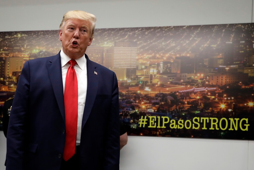 (Evan Vucci | AP file photo) President Donald Trump speaks to the media as he visits the El Paso Regional Communications Center after meeting with people affected by the El Paso mass shooting, Wednesday, Aug. 7, 2019, in El Paso, Texas.