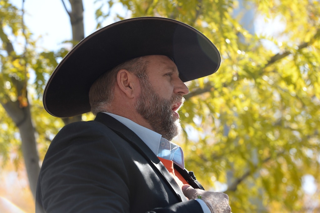 (Francisco Kjolseth | The Salt Lake Tribune) Ammon Bundy speaks to supporters and the media on the case of convicted fraudster Rick Koerber as they gather ahead of his court sentencing in Salt Lake City at the Federal Courthouse on Tuesday, Oct. 15, 2019, ending a nearly two decade white collar crime saga.