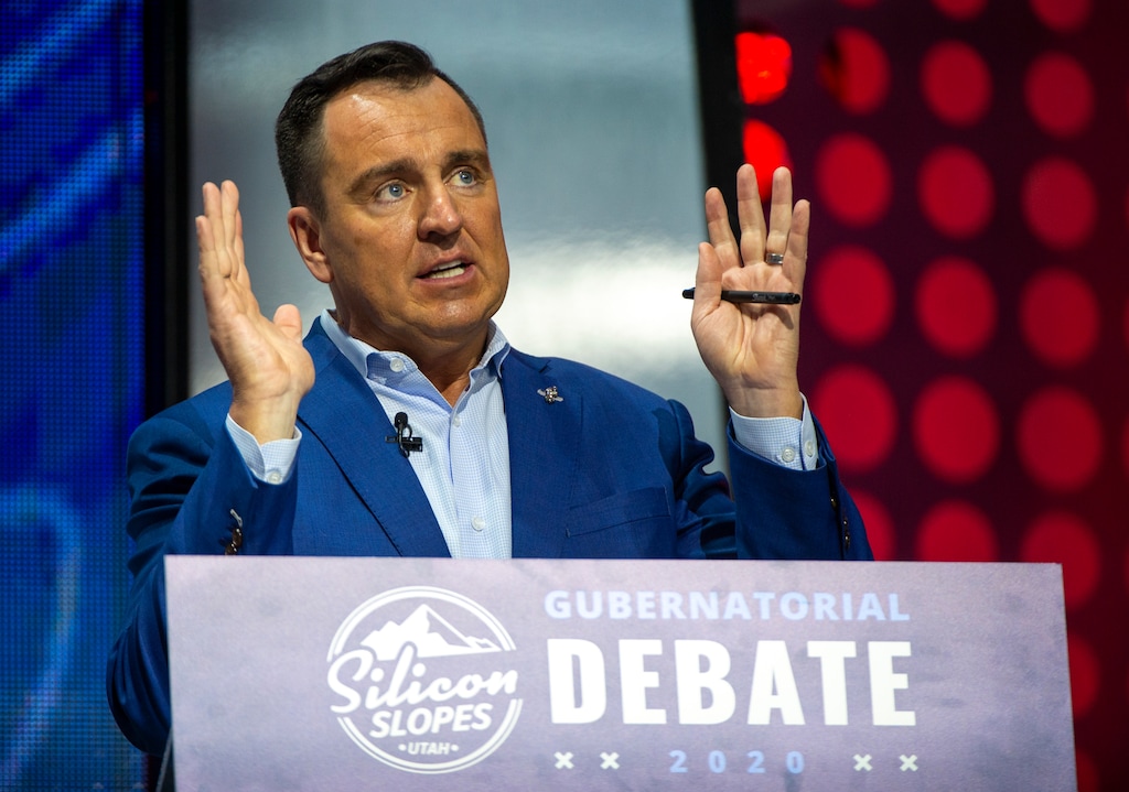 (Rick Egan  |  Tribune file photo)    Former House Speaker Greg Hughes answers a question during the gubernatorial debate at the 2020 Silicon Slopes Tech Summit, at the Salt Palace Convention Center, Friday, Jan. 31, 2020.