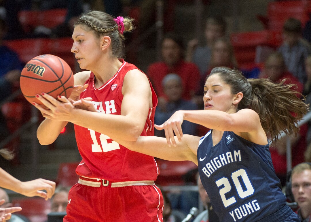 Rick Egan  |  The Salt Lake TribuneBrigham Young Cougars guard Cassie Broadhead (20) knocks the ball out of the hands of Utah Utes forward Emily Potter (12), in Basketball action, Brigham Young Cougars vs. the Utah Utes, Saturday, December 10, 2016.