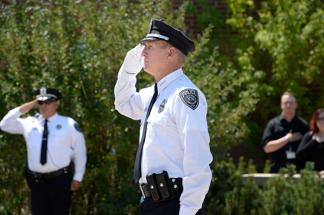 Scott Sommerdorf   |  The Salt Lake Tribune  Sheriff Jim Winder, during the memorial service for ÒDingo,Ó a Unified Police Department dog shot and killed in the line of duty July 6 while working with his K-9 handler Sgt. Chad Reyes, Saturday, July 15, 2017. 