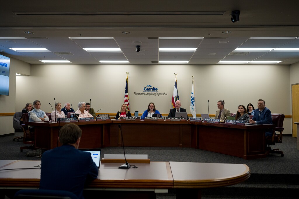 (Trent Nelson | The Salt Lake Tribune) The Granite School District's board passes a resolution against the actions of Natalie Cline and in support of its student athlete during a meeting in South Salt Lake on Friday, Feb. 9, 2024.
