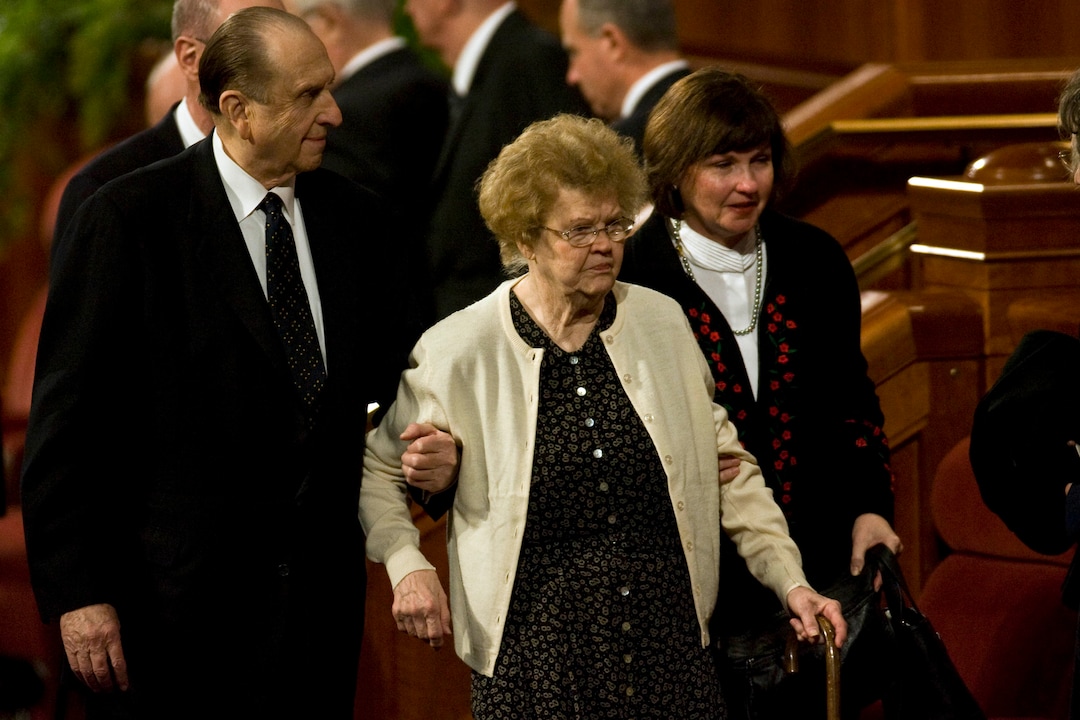 (Chris Detrick  |  The Salt Lake Tribune) President Thomas S. Monson walks out after the funeral services for LDS President Gordon B. Hinckley at the Salt Lake City LDS Conference Center on Feb. 2, 2008.