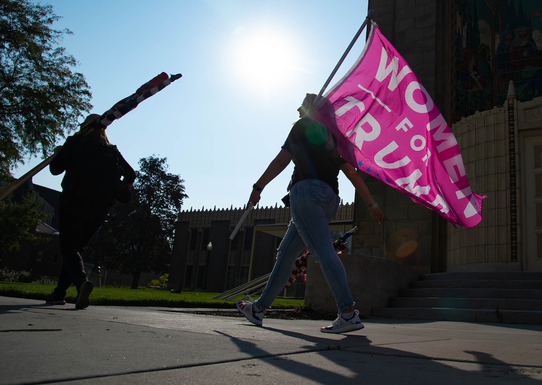 (Francisco Kjolseth  |  The Salt Lake Tribune) Supporters of President Donald Trump rally outside of Kingsbury Hall on the University of Utah campus in Salt Lake City on Wednesday, Oct. 7, 2020, before the vice presidential debate.