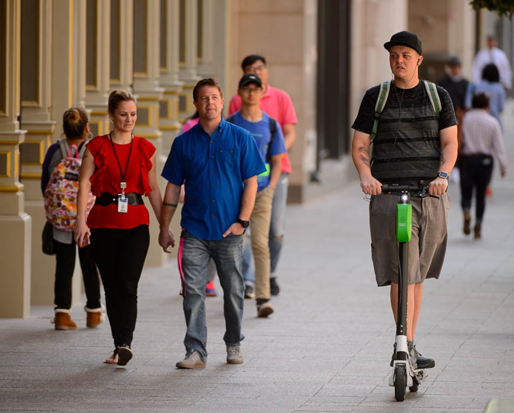 (Trent Nelson | The Salt Lake Tribune) Scooters have become a common site in downtown Salt Lake City, Monday Sept. 10, 2018.