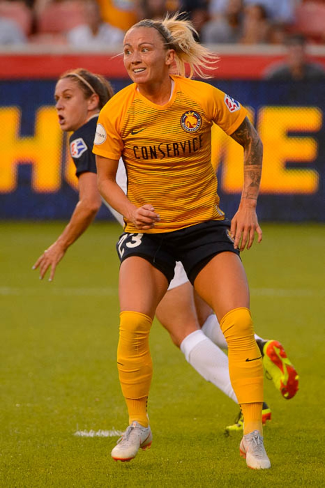 (Trent Nelson | The Salt Lake Tribune)  Utah Royals FC host North Carolina Courage, NWSL soccer at Rio Tinto Stadium in Sandy, Friday July 20, 2018. Utah Royals FC midfielder Gunnhildur Jónsdóttir (23).