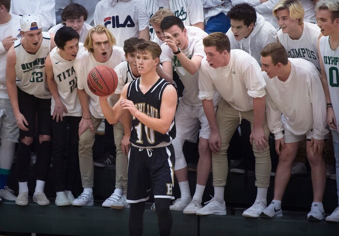 (Scott Sommerdorf   |  The Salt Lake Tribune)   The Olympus student section taunts Highland's Oscar Maxfield as he inbounds during second half play. Olympus defeated Highland 70-49, Friday, January 19, 2018.