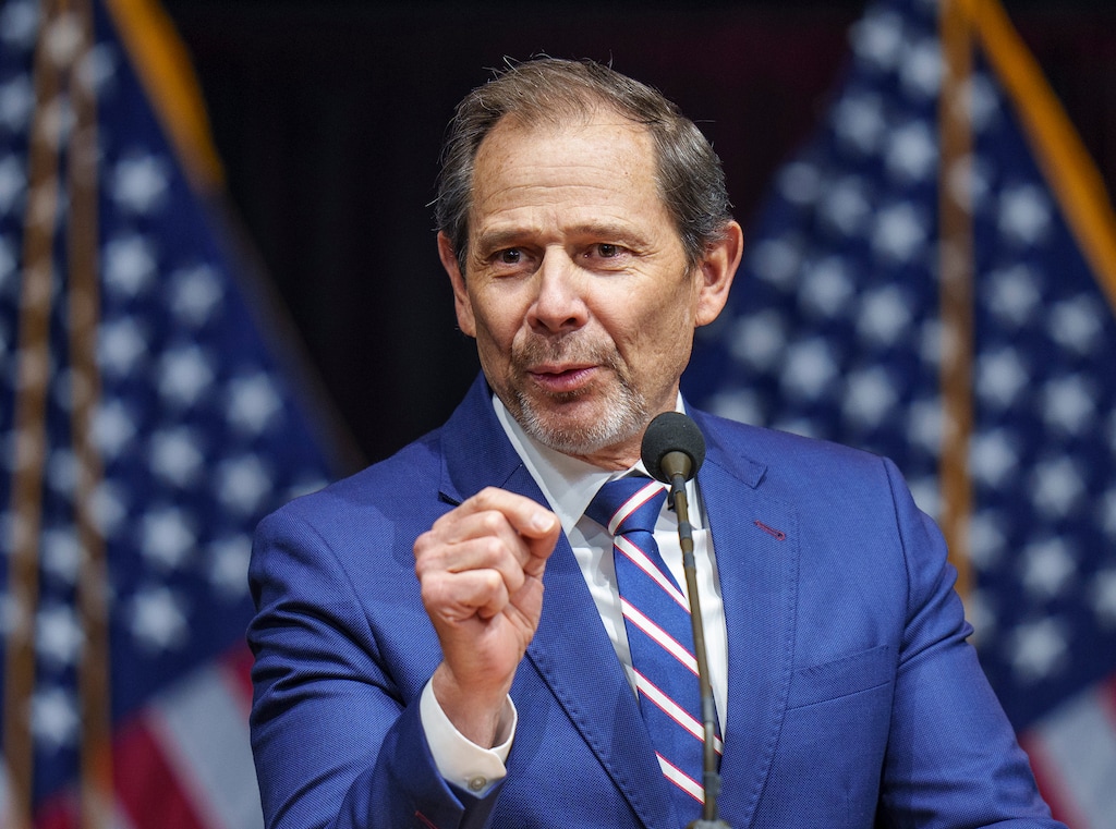 (Leah Hogsten | The Salt Lake Tribune) Utah Rep. John Curtis addresses the delegates at the Utah Republican Party 2023 Organizing Convention at Utah Valley University's UCCU Center on Saturday, April 22, 2023.