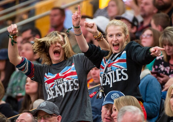 (Rick Egan  |  The Salt Lake Tribune)  Chloe Crandall and Abby Palmer compete in the dance-off during a break in the action between Utah Jazz and Brooklyn Nets, at  Vivint Smart Home Arena, Saturday, March 17, 2019.



