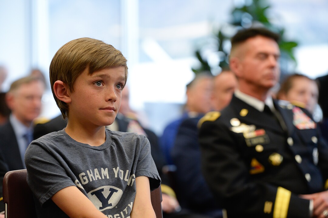 (Francisco Kjolseth  |  The Salt Lake Tribune)  Alex Taylor, 9, attends a special service for his late father Major Brent Taylor as Brigham Young University honors the life and legacy of the former mayor of North Ogden and a BYU Army ROTC alumnus during a ceremony at the Ernest L. Wilkinson Student Center in Provo on Thursday, May 23, 2019. The BYU Army ROTC unveiled the updated Memorial Wall, a list containing 211 BYU students and alumni who have in service which will now include Major TaylorÕs name.