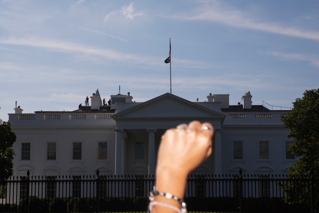 (Tom Brenner | The New York Times)

A demonstrator raises a fist outside the White House in Washington, Oct. 14, 2021.