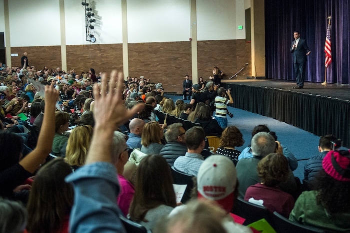 Chris Detrick  |  The Salt Lake Tribune
U.S. Rep. Jason Chaffetz, R-Utah, speaks to a question during the town-hall meeting in Brighton High School Thursday February 9, 2017. 