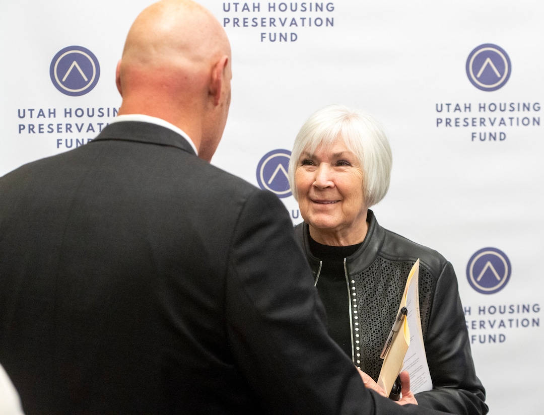 (Rick Egan  |  The Salt Lake Tribune)     Gail Miller, Board Chair, Intermountain Healthcare talks with supporters about the $100 million private-sector driven effort to preserve affordable housing in Utah, at a news conference at the Utah State Capitol, Monday March 2, 2020